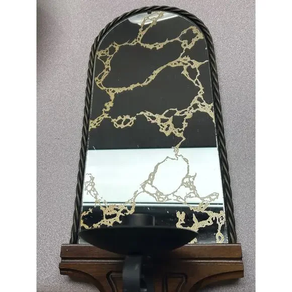Vintage Homco Mirrored Candle Wall Sconce Gold Vein Wood Base