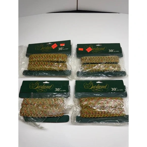 Vintage Garland Christmas TreeTrim Gold Red Green Metallic Braid 120ft Total 4pk