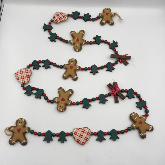 Primitive Christmas Gingerbread Man Wood‎ Tree Plaid Heart Garland 75