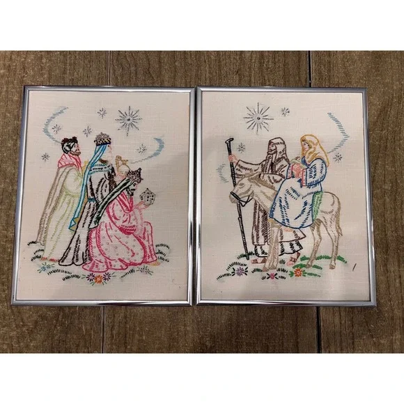 Vintage Needlepoint Completed Framed Three Wise Men + Holy Family Artwork MCM