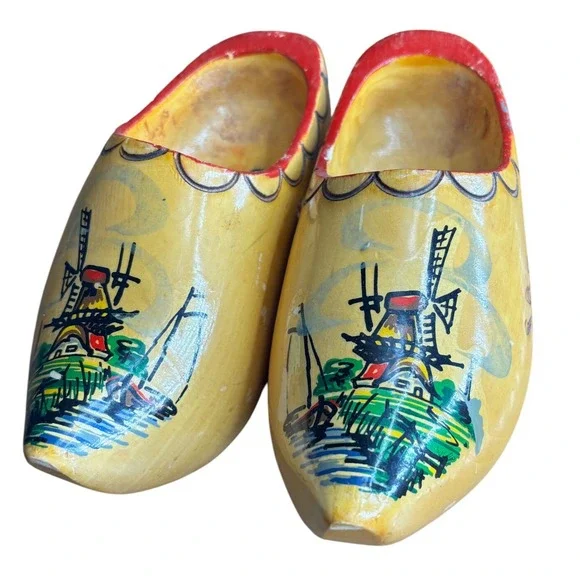 Yellow Wooden‎ Clogs Dutch Holland Windmill Scene Hand Painted Souvenir Shoes