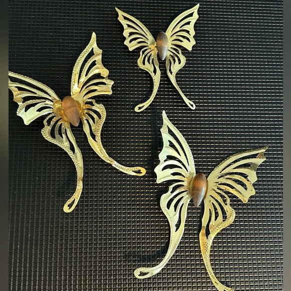 Vintage Set of Three Brass and Wood Butterflies Hanging Wall Decor