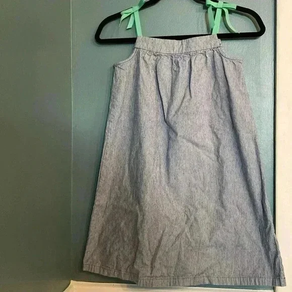 Hanna Anderson girls 100% cotton dress - blue with teal ribbon ties -140