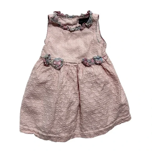 Cynthia Rowley Girls Seersucker Dress 18M‎ Pink Floral Trim Babydoll Cottagecore