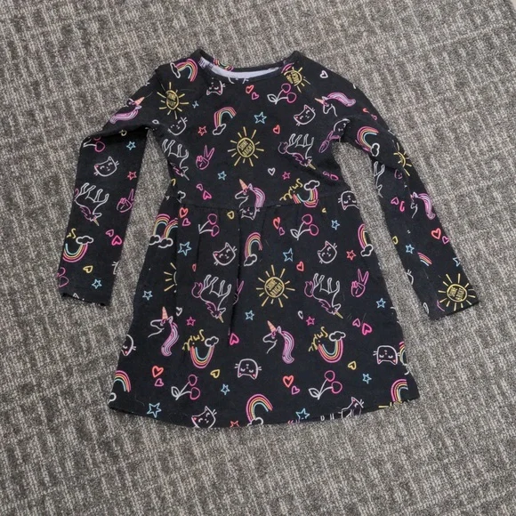 Rumi + Ryder Girls Black Long Sleeve Dress Unicorn Rainbow Graphic Size XS