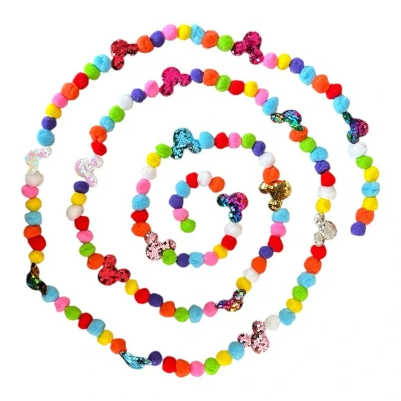 12 ft Disney Mickey Birthday Sequin Pom Pom Garland Handmade on black thread