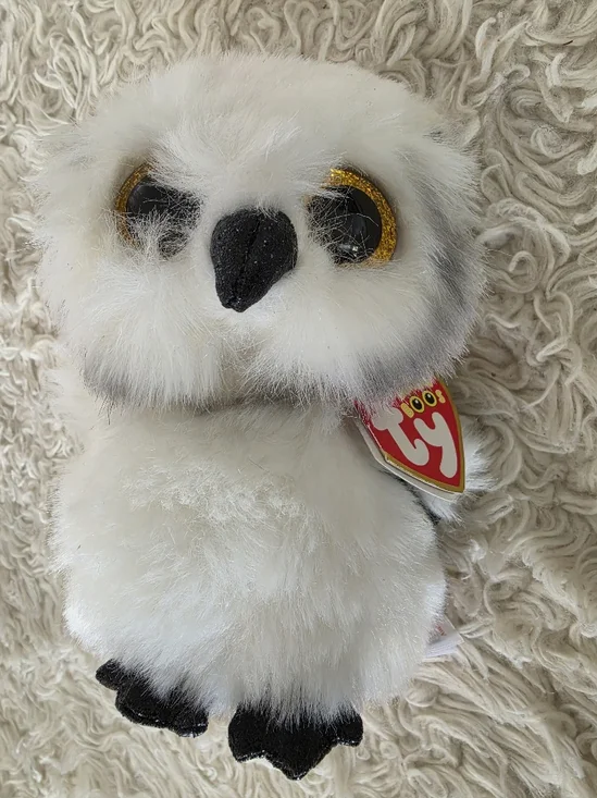 Ty Beanie Boo Plush Owl - White with Gray Accents