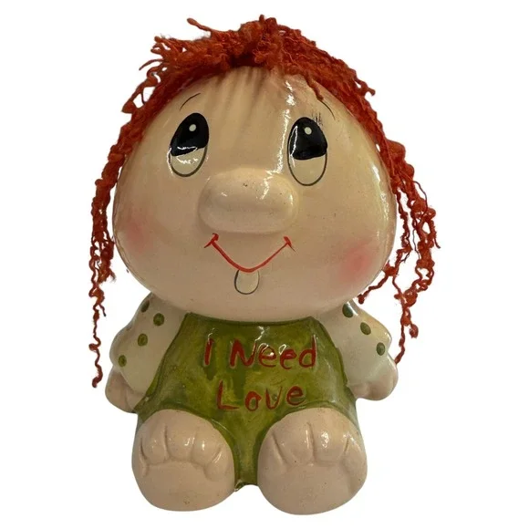 Ceramic Coin Bank Unisex OS Green Good I Need Love Vintage Yarn Hair