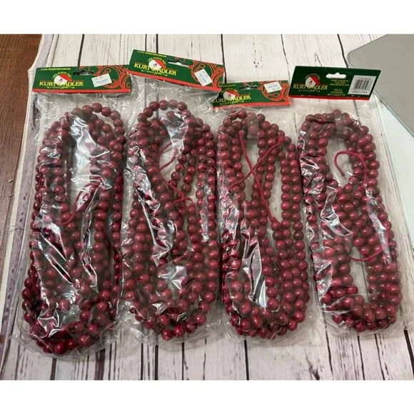 Kurt Adler 9' Foot Burgundy Wooden Bead Garland Christmas Holiday Decor X 4