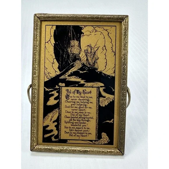 Vintage 1930 Hand Held Mirror Gold Black Ships Poem Pal of My Heart 3.5