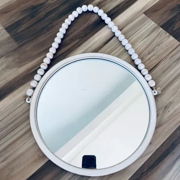Wood Beaded Rustic Round Wall Mirror