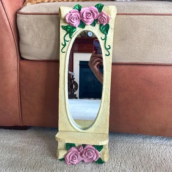 Vintage Victorian Roses Vines Cream Scroll Oval Mirror w/ Ledge Floral Antique