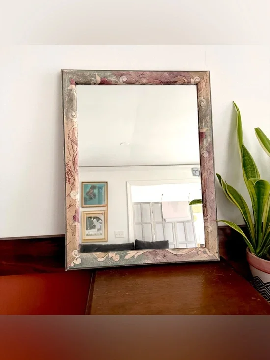 Vintage 90s Tuscan Revival Scroll Wall Mirror Muted Sage & Rose French Country