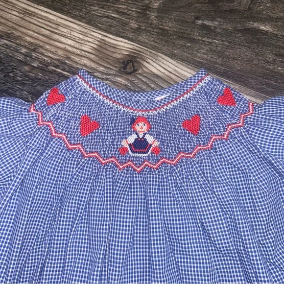 Vintage Orient Expressed Smocked Raggedy Ann Dress Blue Gingham Red Size 4