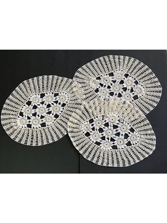 Hand Crocheted Oval Lace Peach Doilies Centerpiece Doily Floral Vintage Lot of 3