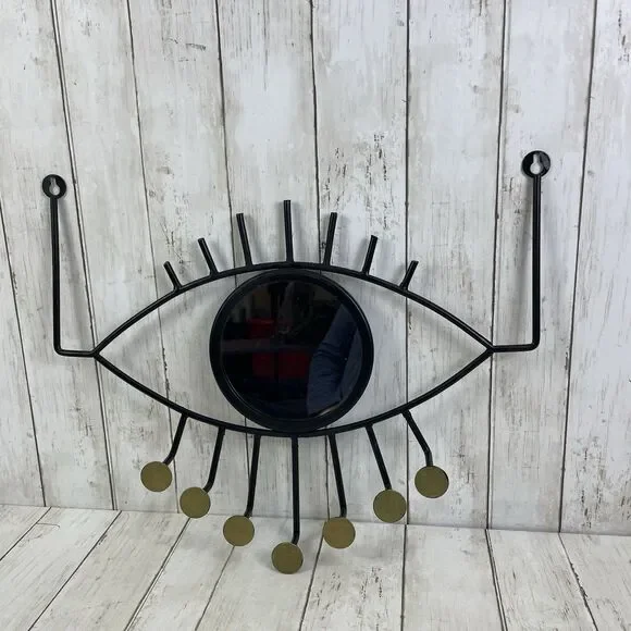 Evil Eye Wall Mirror W/ Hooks Decorative Wall Hanging Black & Gold