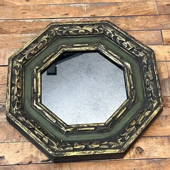 Vintage Octagon Green Wooden Framed Mirror Antiqued Distressed Finish