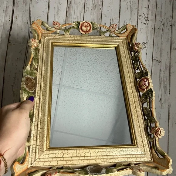 Rose Mirror Crackled Finish Wall Mirror or Tray Vintage 12 x16 inch mirror