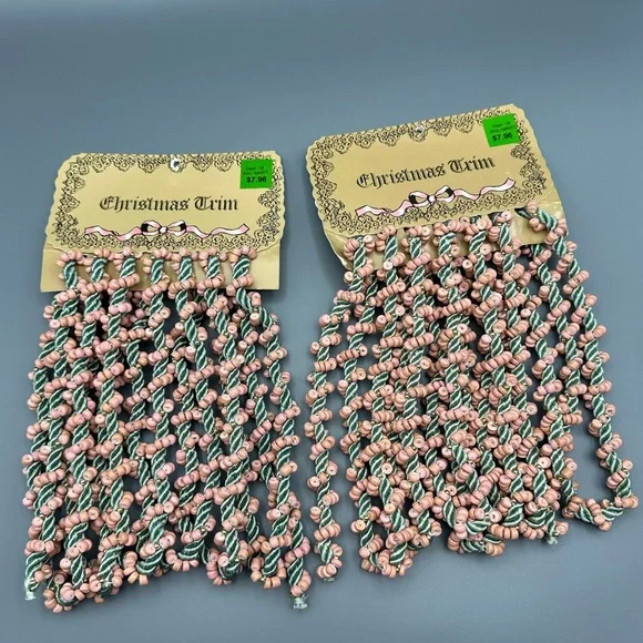 2 Packs VTG 90s Walmart Christmas Trim Garland Green Cord With Pink & Gold Beads