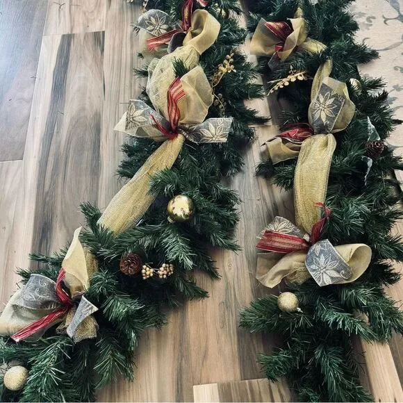 9’ Christmas Gold Ribbon Ornaments Greenery Holiday Garland Swag Decor