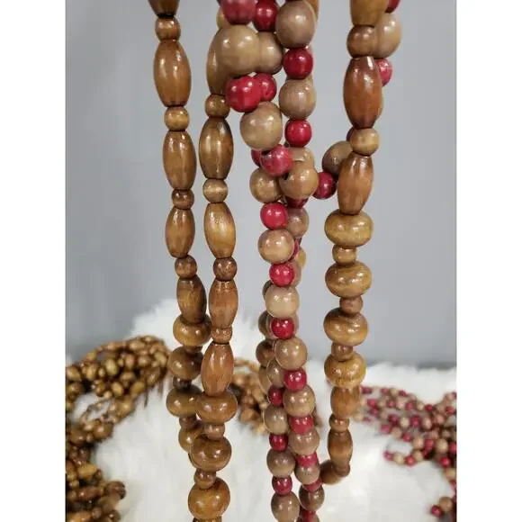 Santas Best 117 Ft Garland Christmas Tree Bead Natural Wood‎ Red MCM Valentines