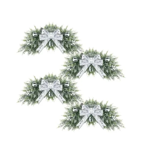 4 Pack Christmas Window & Door 33 Inch Winter Pine Needles Silver Bow Home Decor