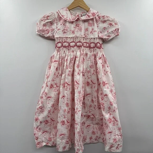 Vintage basic editions Cottage Smocked Party Dress Pink Floral Puff Sleeves 6