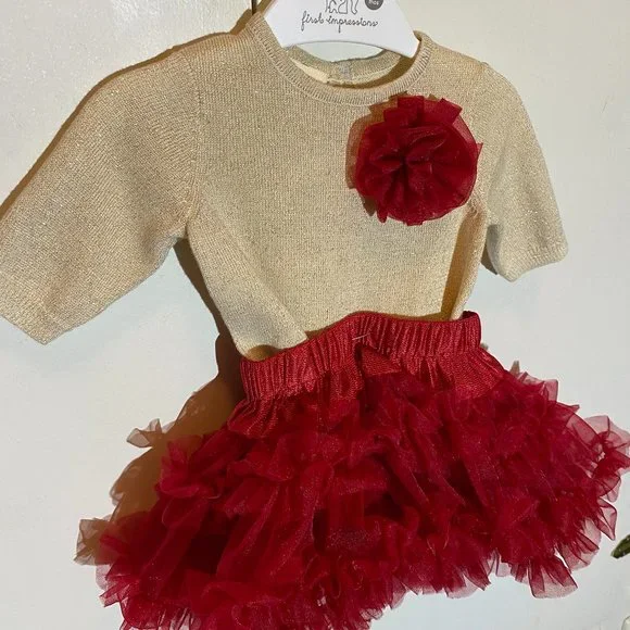 First Impressions Baby Girl Sweater/Ruffled Skirt & Black Velvet Shoes