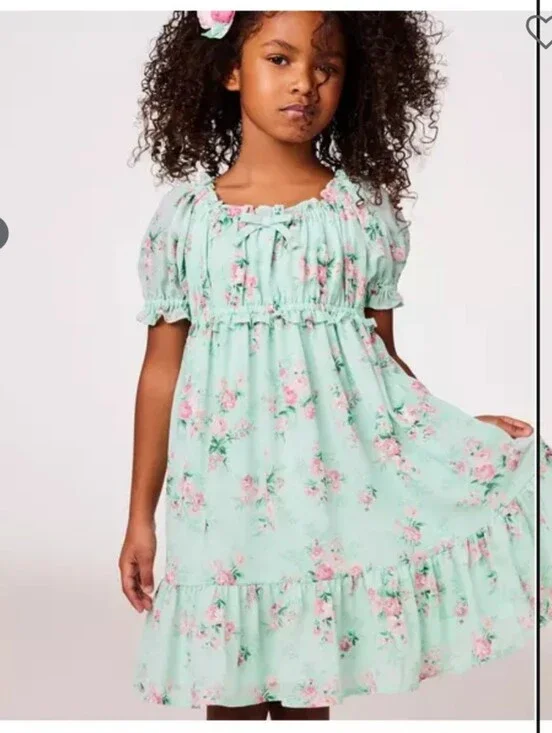 Janie And Jack Mint Floral Chiffon Puff-Sleeve Girls' 10 Dress