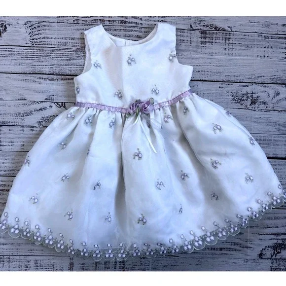 Youngland‎ Baby Girl White Purple Floral Embroidered Dress 18M Special Occasion