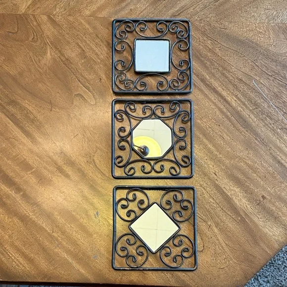 6” x 6” Black Metal Wall Decor Distressed Mirror Set of 3