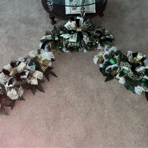 Elegant Three Piece Holiday Garland with Gold and Green Accents