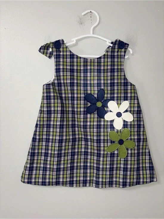 Kelly’s Kids Green Navy Plaid Jumper Dress Vintage Floral Appliqués Girls 2T