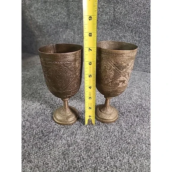 Vintage Set Of 2 Rare Handetched Brass Goblets Chalise Removable Stems His & Her