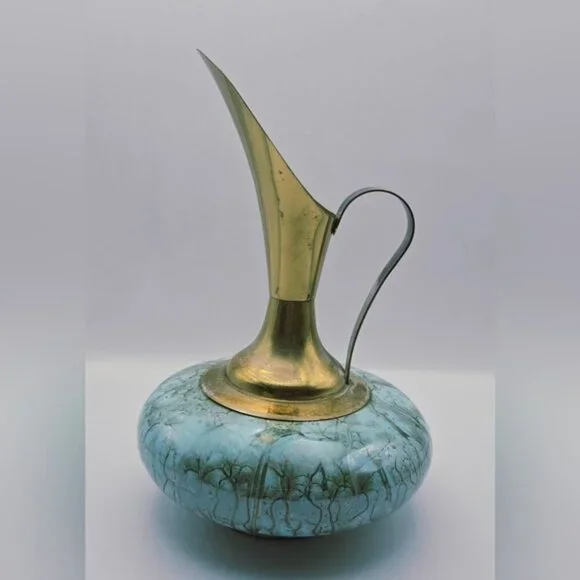Mid Century Brass & Ceramic Ewer Pitcher Blue Drip Glaze Vase