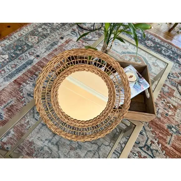 Vintage French Rattan Bamboo Pineapple Mirror 60s Natural Handmade Chic Boho
