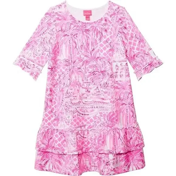 Lilly Pulitzer Kailyn Pink Blossom Palm Beach Paradise Dress Girls Size XL 12-14