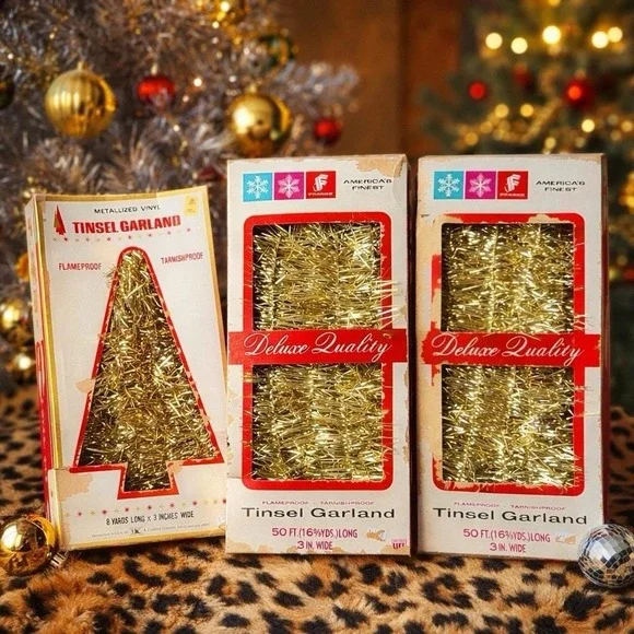 Gold Tinsel Garland Lot of 3 Metallized Christmas Tree Decor 50ft Retro Box VTG