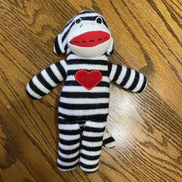 Dan‎ Dee Sock Monkey Knit Black & White Red embroidered Heart Sewn Eyes Plush 9