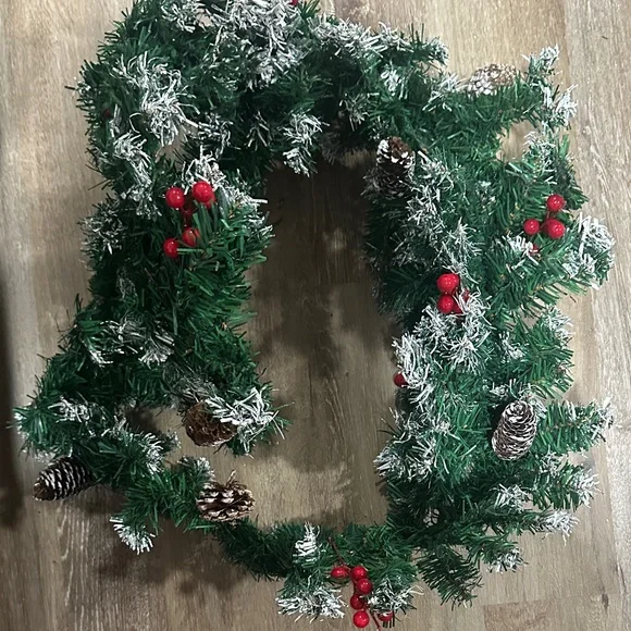 Festive Green Holiday garland with Red Accents - holly snow and pine cones
