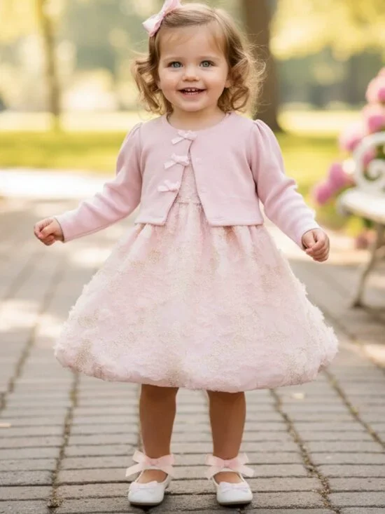 Iris & Ivy Pink Bubble Dress Cardigan Set 24M Bow Special Occasion NWT