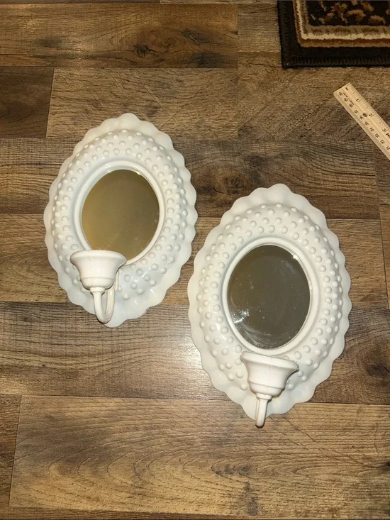Vintage 80 s Burwood White Hobnails Decorative Wall Sconce Mirrors - Pair