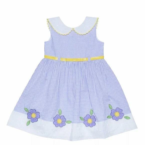 Blueberi Boulevard Lavender Gingham Dress with Yellow Trim