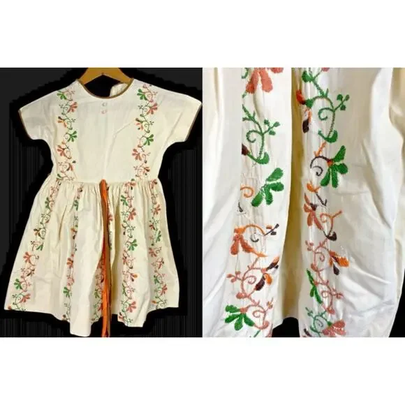 1950s Dress Girls Vintage 6 7 Embroidered Floral Fit & Flare Arts & Crafts