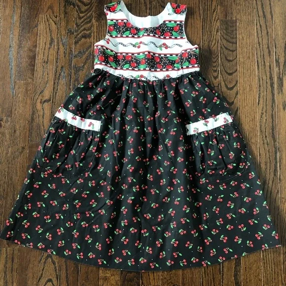 Vintage Girls 8-10 Black/Red Cherries A-Line Sleeveless Midi Dress w/Pockets