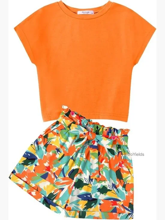 Girls 2 Piece Outfit Drop Shoulder Top & Paperbag Shorts Set Size 6-14