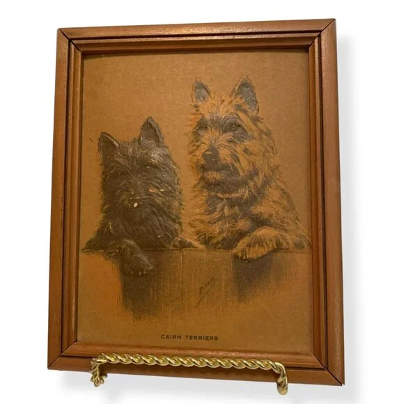 VTG Janice Fleming Cairn Terrier Dogs Framed Print Primitive Wood 5.5