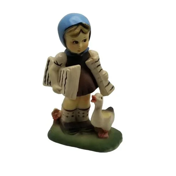 Vintage Plastic Figurine Girl with Duck Figure Made in Hong Kong Blue Scarf