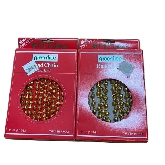 Vintage Green Tree Bead Chain Garland Gold NEW Bundle Lot 2 Pack Christmas