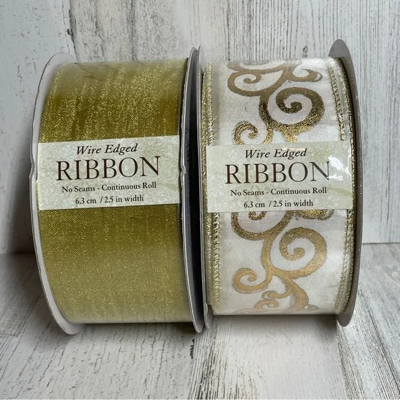 CHRISTMAS RIBBON WIRED GOLD AND GOLD & WHITE SPARKLY KIRKLAND NEW